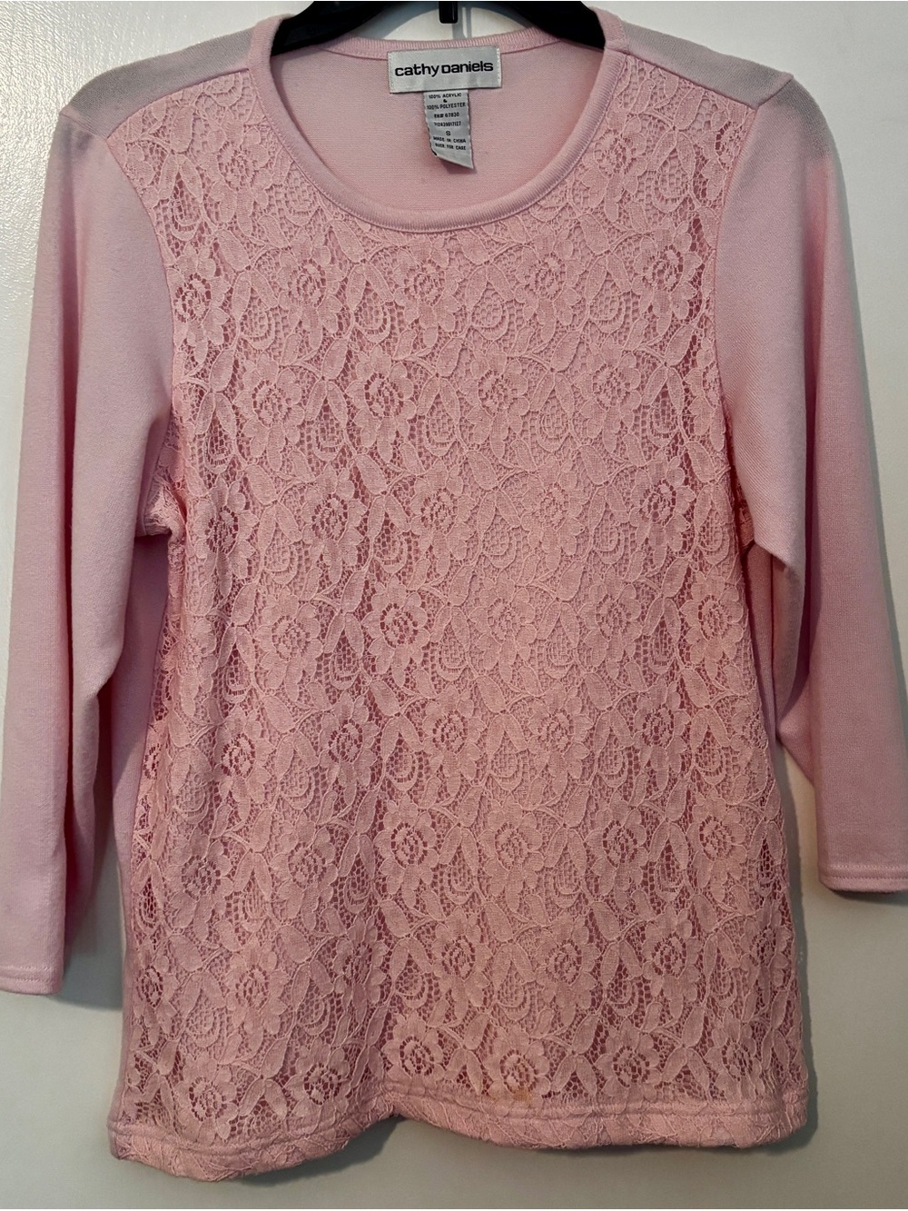 Cathy Daniels Pale Pink 3/4 length Sleeve Top with Lace Mesh Detail